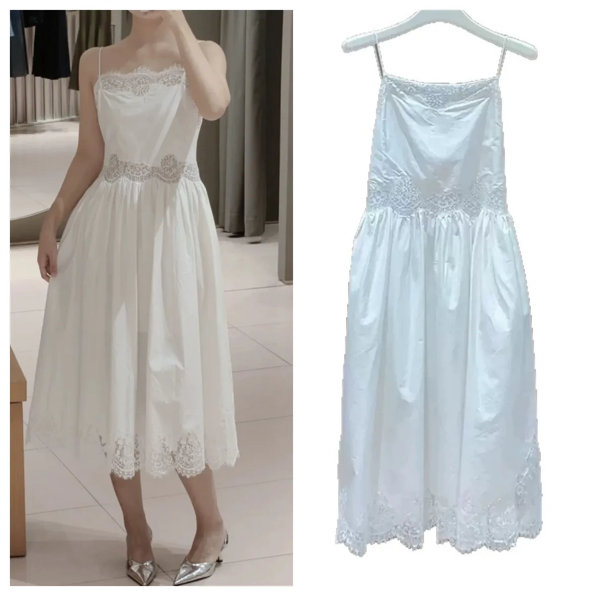 

26 Spring/Summer New Women's Solid Color Dress Lace Embroidered Sleeveless Strap Midi Robe