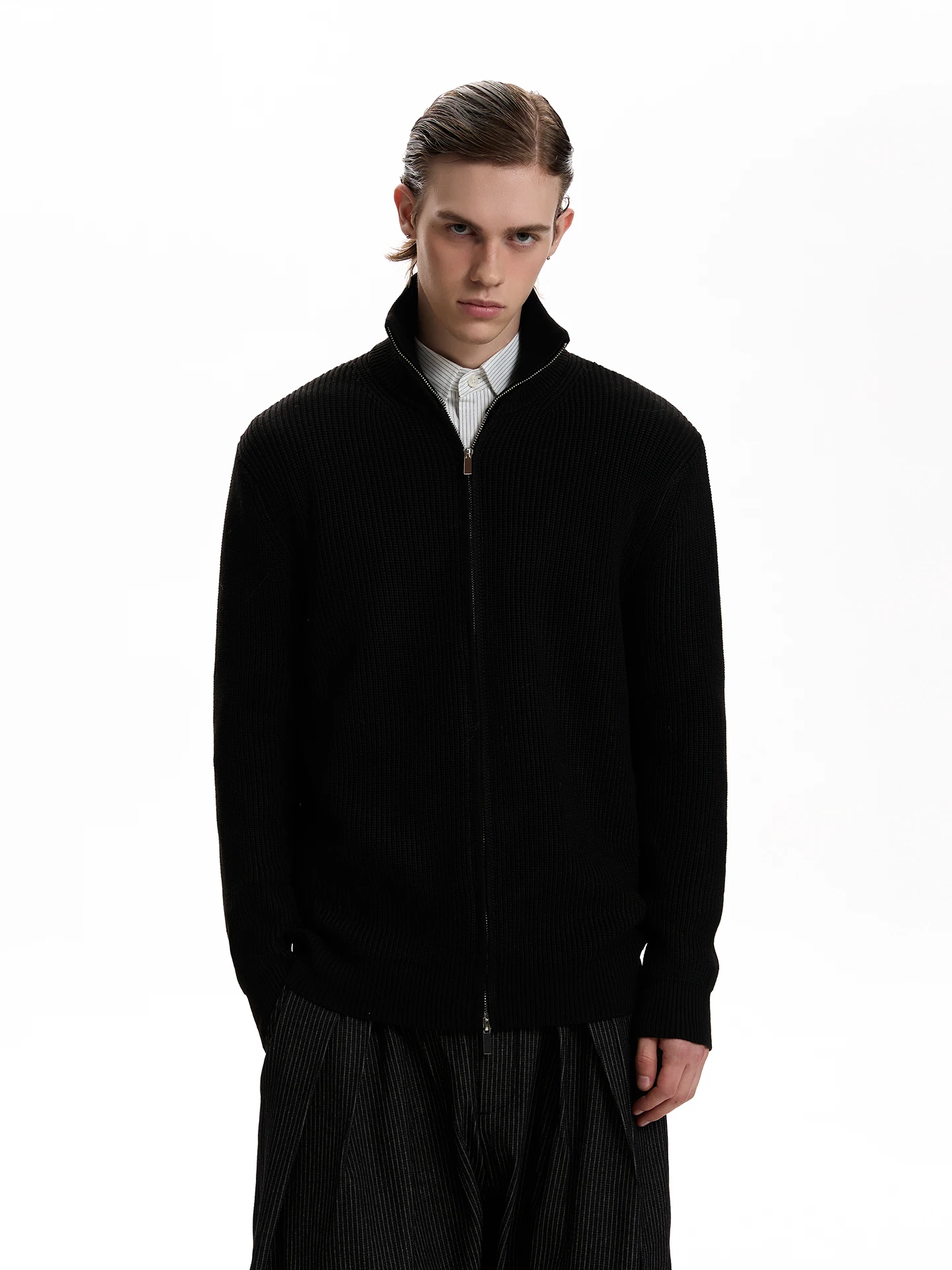 

American Retro Zipper Knitted Sweater Jaet Stand Collar Versatile Casual Long Sve Outerwear for Youth Spring Autumn