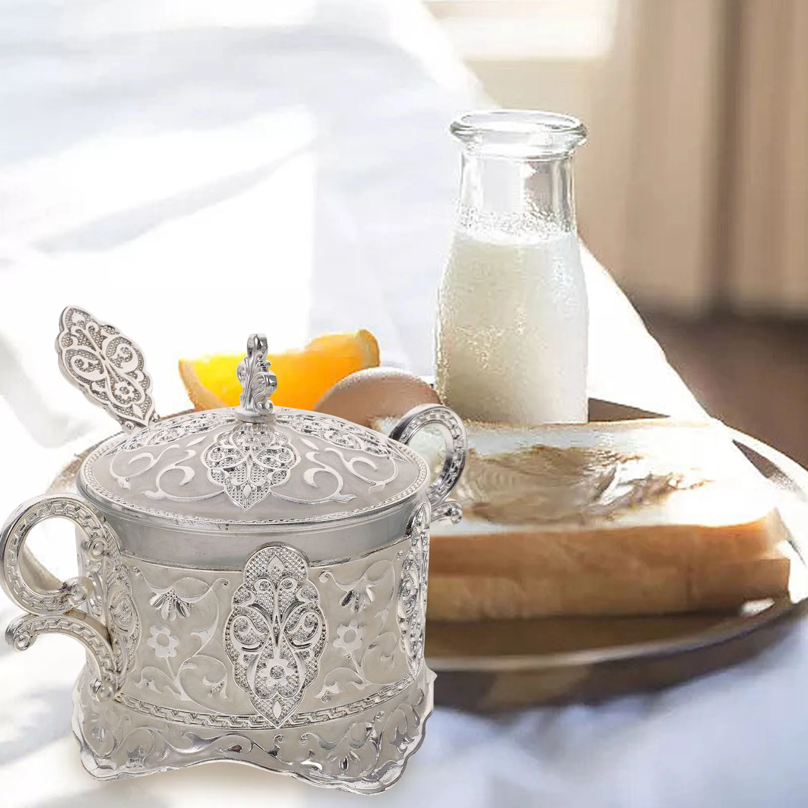 

1Set Household Sugar Storage Jar Embossed Kitchen Seasoning Pot Lid European Style Decorative Condiment Holder Multi-Purpose