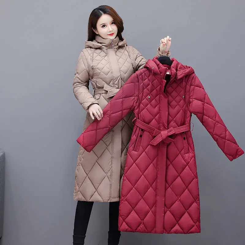 Jaket mantel bertudung katun wanita, jaket mantel hangat bertudung 23 baru untuk wanita, mantel panjang setengah musim dingin ramping lengan bisa dilepas