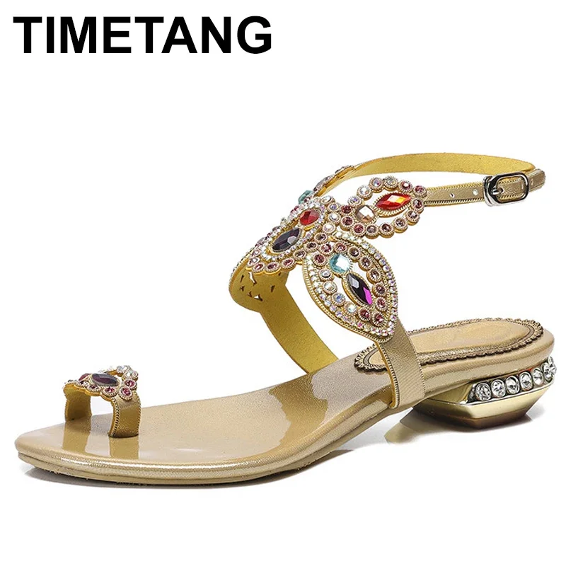 

TIMETANG Summer Lady Flat Heel Rhinestone Sandals Fashion Back Flat Straps Summer Sandals Dress Shoes Gold Black ColorE1061