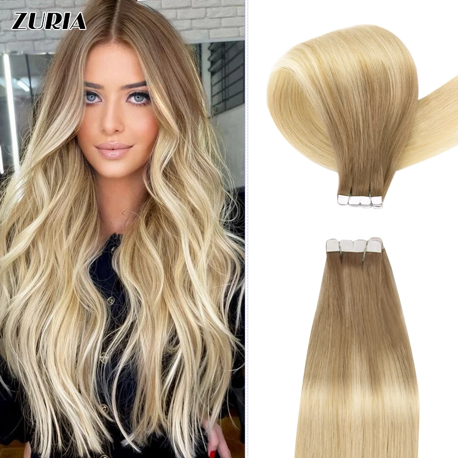 ZURIA Tape In Hair Extensions Human Hair 100% Natural Hair Extensions Ombre Color Real Human Hair Safely Strong Adhesive Tape