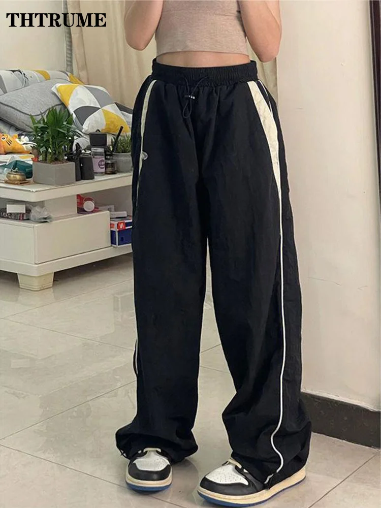 Harajuku Vintage Baggy Pants For Women Fashion Striped Print Pocket Elastic Waist Cargo Trousers Casual Streetwear Wide Leg Pant