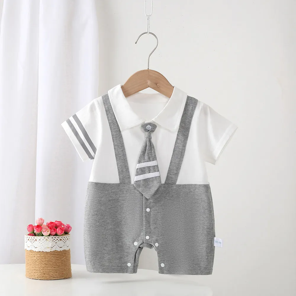 Infant and Toddler Summer Thin Short-Sleeved Pure Cotton College-Style Lapel Jumpsuit for Boys and Girls, Newborn Sweat-Absorbent Romper