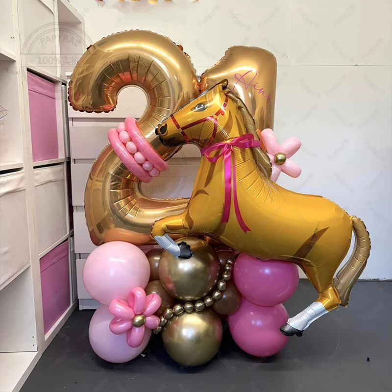 29-teiliges großes Ballon-Set mit Rennpferd-Motiv und 40 Zoll 1-9 Platin-Zahlenballon für Kindergeburtstag, Western-Cowboy-Party-Zubehör