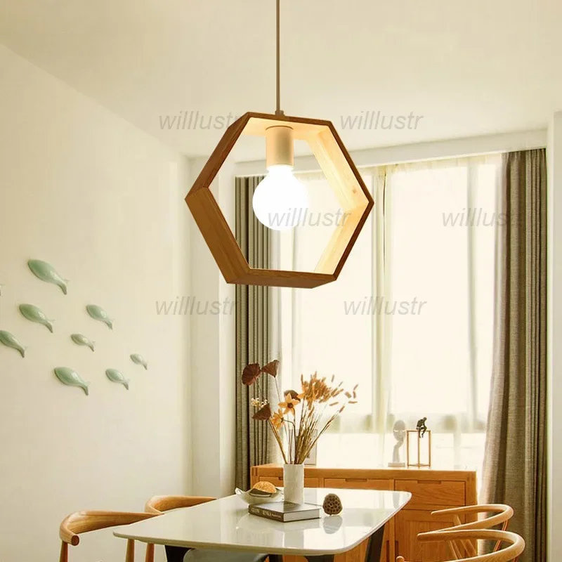 Solid Wood Geometric Pendant Lamp Suspension Light Hotel Cafe Bar Dining Room Shop Wooden Hanging Ceiling Chandelier image 3