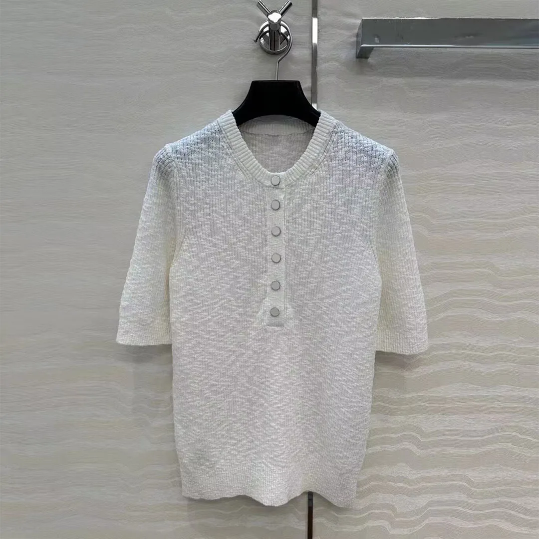 

2025 New Summer Fashion Sweet Thin Knitted T-shirt Women O-neck Short Sleeve Single Breasted Slim Fit Casual Tops Tee