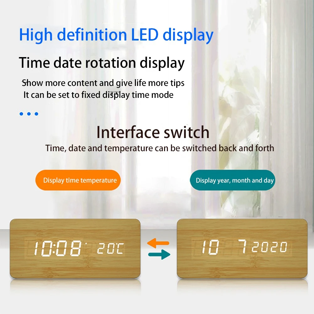 Wooden LED Alarm Clocks Electronic Clock Sounds Control Digital Display Desktop Calendar Table Clock