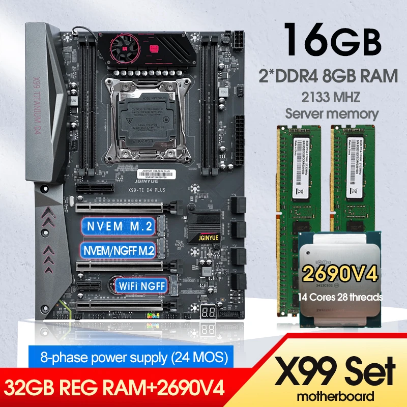 JINGYUE X99 D4 Motherboard Set E5 2690 V4 2011 v3 Processor LGA 2011-3 Kit with 2X8=16GB DDR4 2133MHZ ECC RAM Support NVME M.2