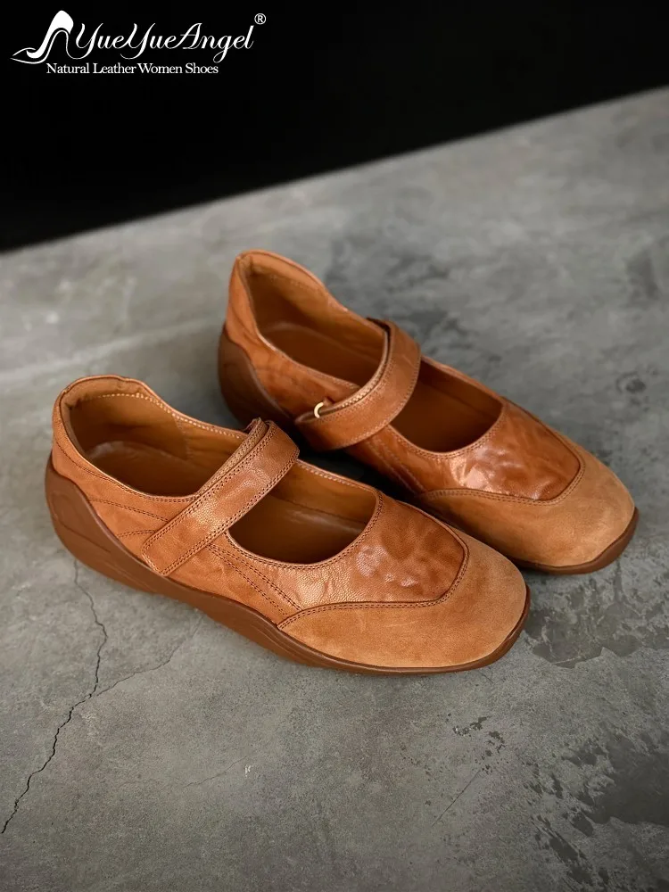 Handmade Women Genuine Leather Pumps Round Toe Shallow Casual Shoes Office Ladies Vintage Hook Loop Comfortable Flat Shoes New