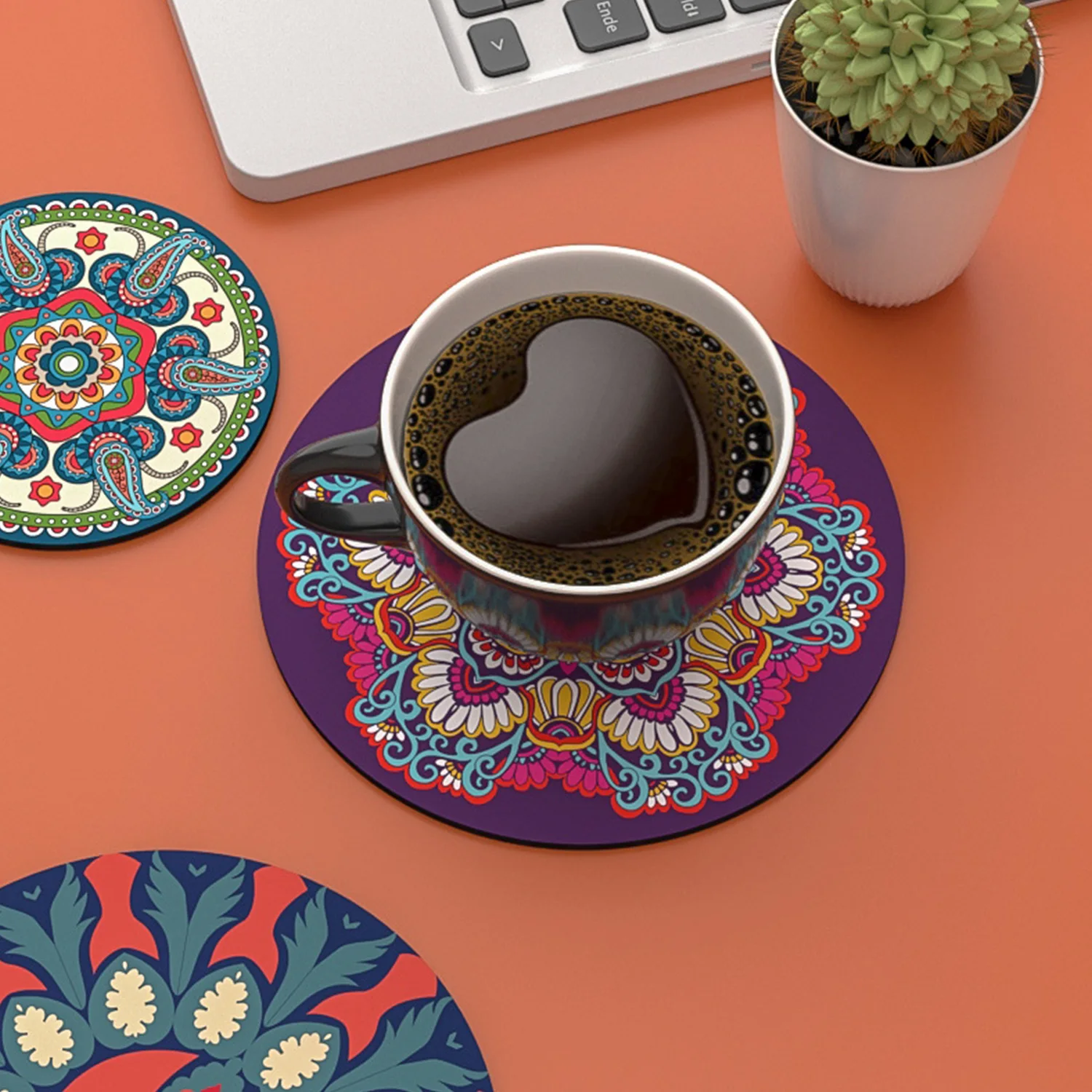 Datura Flowers Coaster Round CupMat Bohemian Printed Mat Non-Slip Pans for Kitchen Dining Table Mats Drink Cup Coaster