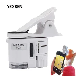 Universal Clip Microscope 60X LED Jewelry Magnifying Glass Focusing Adjusted Pocket Microscope with Cell Phone Clip UV Light