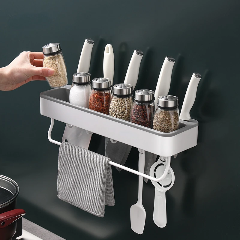 

Kitchen Accessories White Kitchen Rack Wall-Mounted Punch-Free Household Knife Rack Seasoning Chopping Board Storage Rack