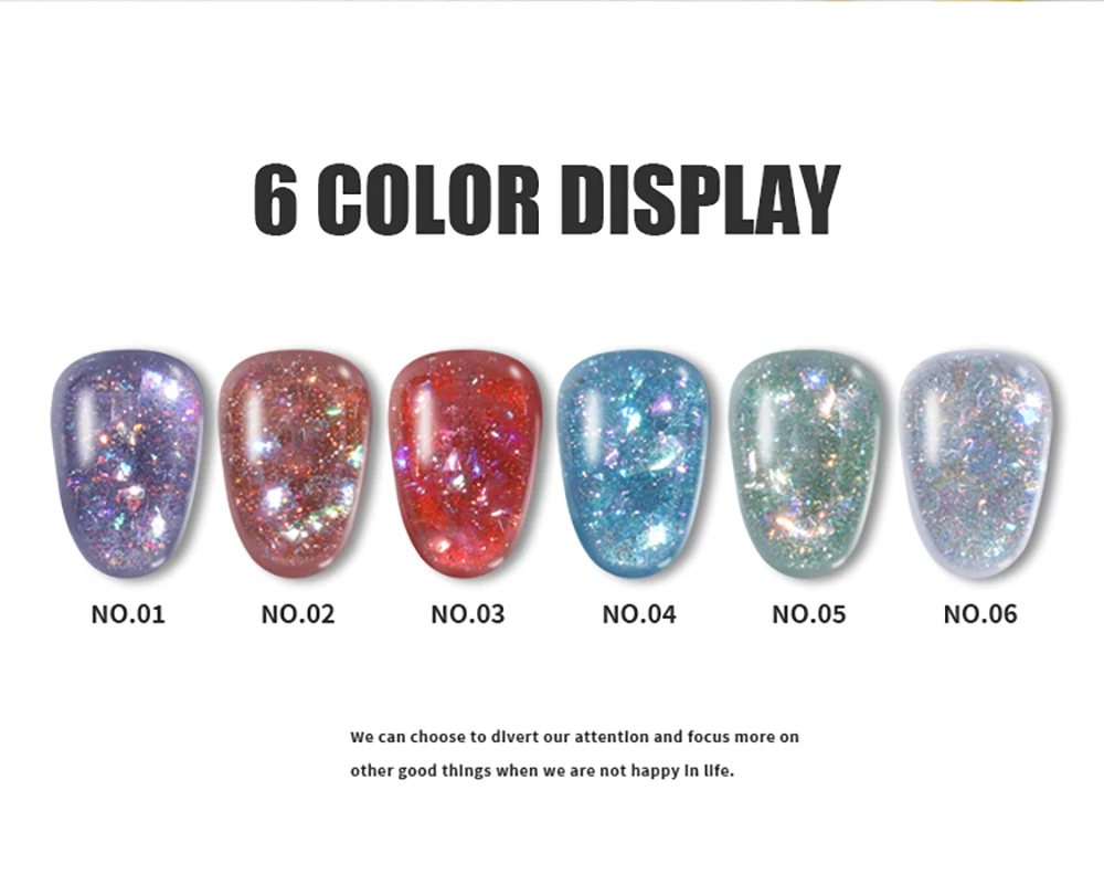 Vendeeni 6 Farben/Set Transparenter Aurora Broken Diamond Gel Nagellack UV Soak Off Gel Lack Glitzer Pailletten Jelly Gel Lack – Detail 5