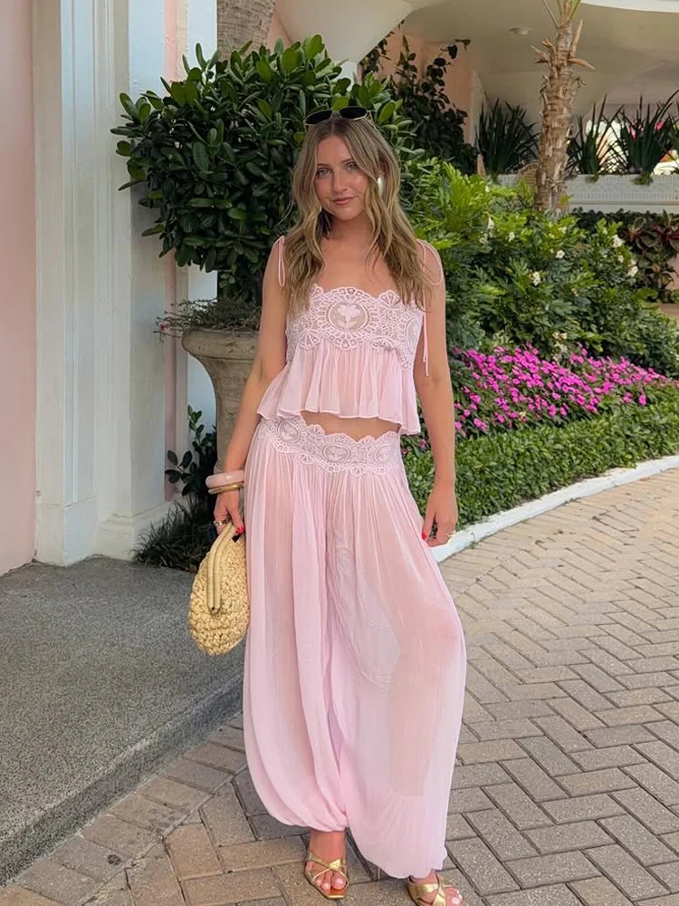 Women Floral Lace Sheer Layers Skirt Set Suspenders Ruffle Top High Waist Maxi Skirts 2026 Summer Beach Vacation Female Outfits  view 5
