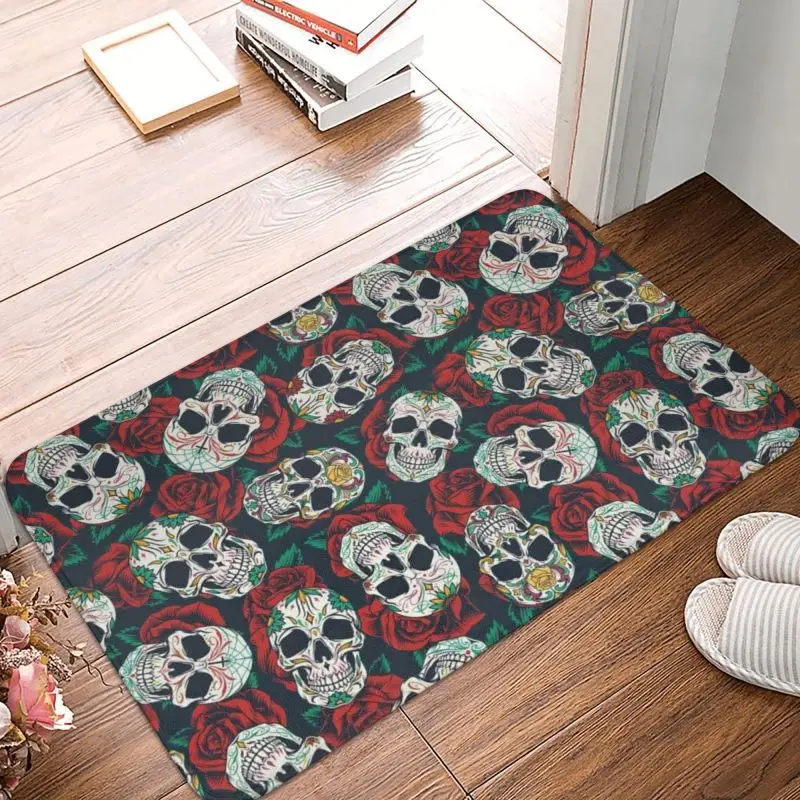 Roses Floral Death Skull Floor Door Bath Kitchen Mats Anti-Slip Gothic Skeleton Doormat Garden Living Room Entrance Rug Carpet