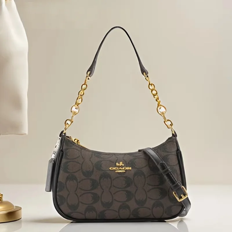 Fashion Women Geometric Print PVC Bag Chain Decor Underarm Bag Multifunctional Shoulder Crossbody Handbag Daily Use