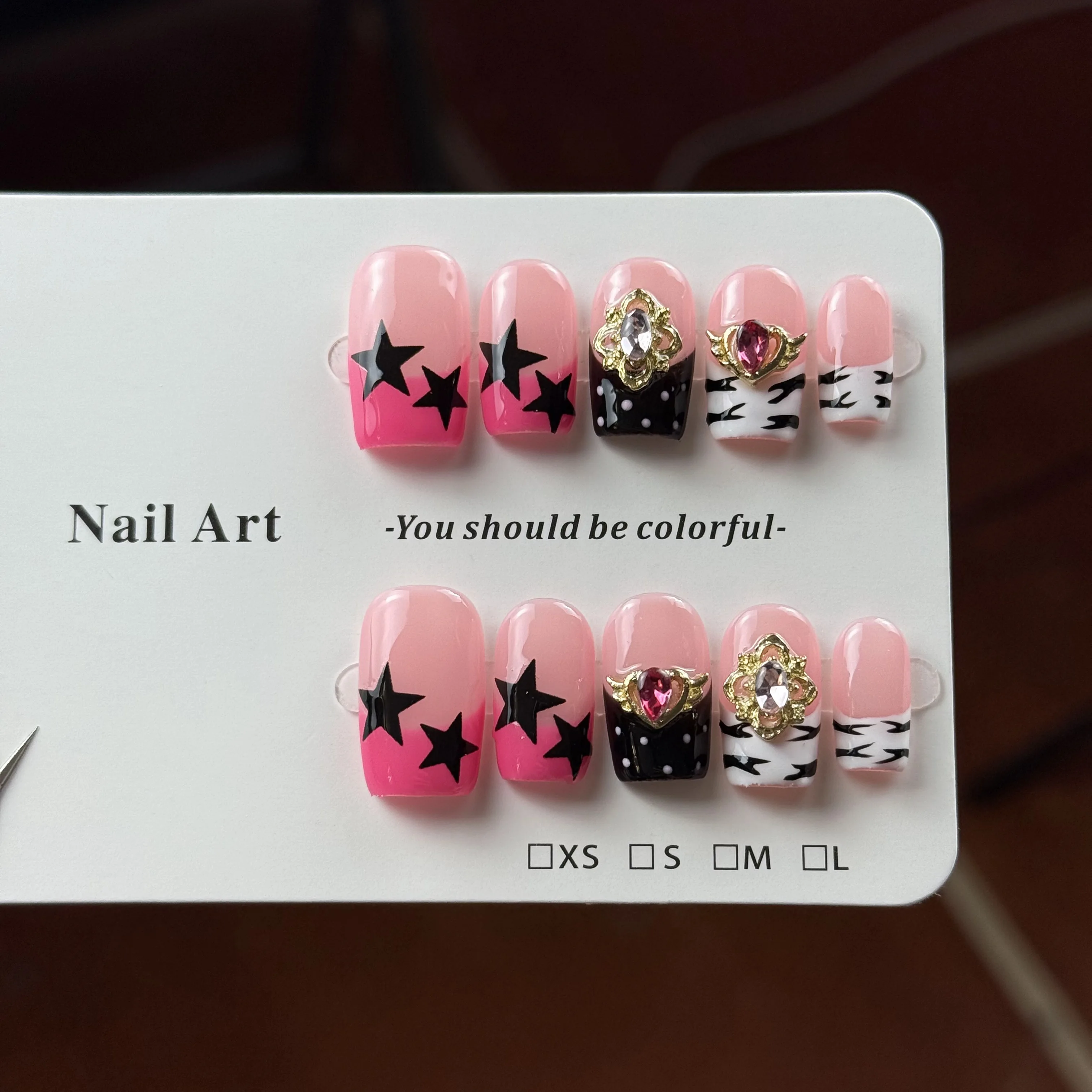 

10pcs high-end Sweet and cool spice girl style, hand-painted zebra stripes, stars, and sparkling heart diamonds handmade French