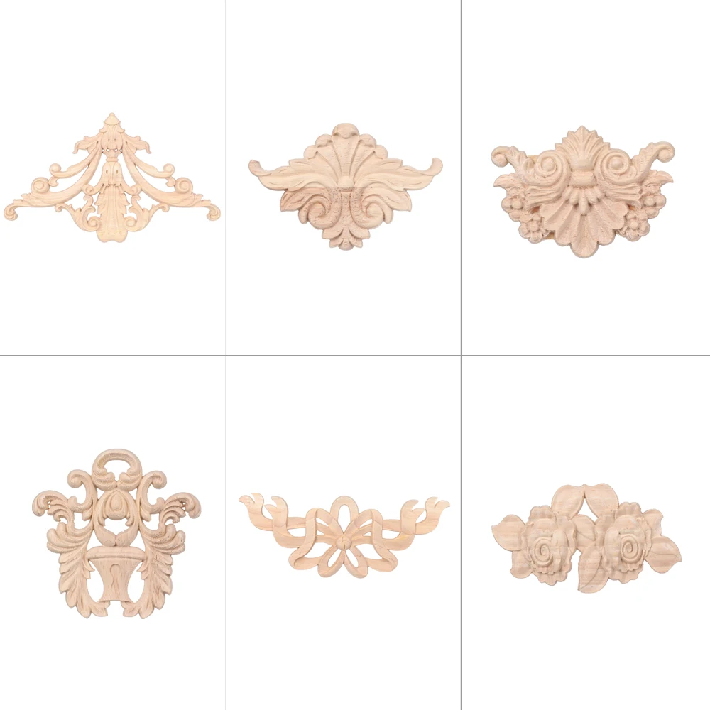 1Pc Multi-styles Furniture Parts Wall Door Wood Carved Wooden Figurines Crafts Corner Appliques Frame Woodcarving Decorative