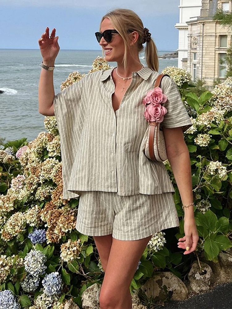 

Striped Shirt Shorts Suits Women Casual Lapel Single Breasted Short Sleeve Blouse Lace Up Elastic Waist Shorts Ladies Streetwear
