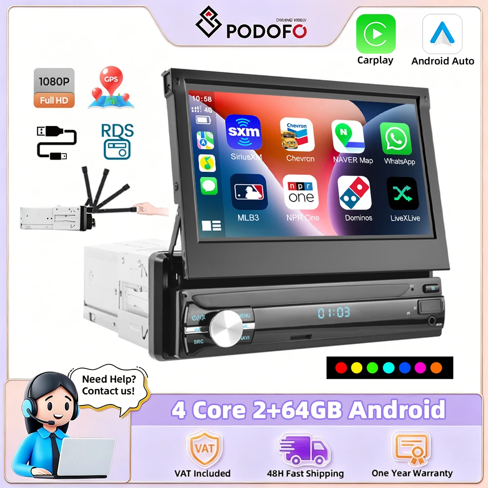 Podofo Pantalla Retráctil de 7'' para Auto con Carplay, Estéreo para Auto 1Din Android 2 + 64GB, Reproductor Multimedia, Navegación GPS, WIFI, Audio Estéreo