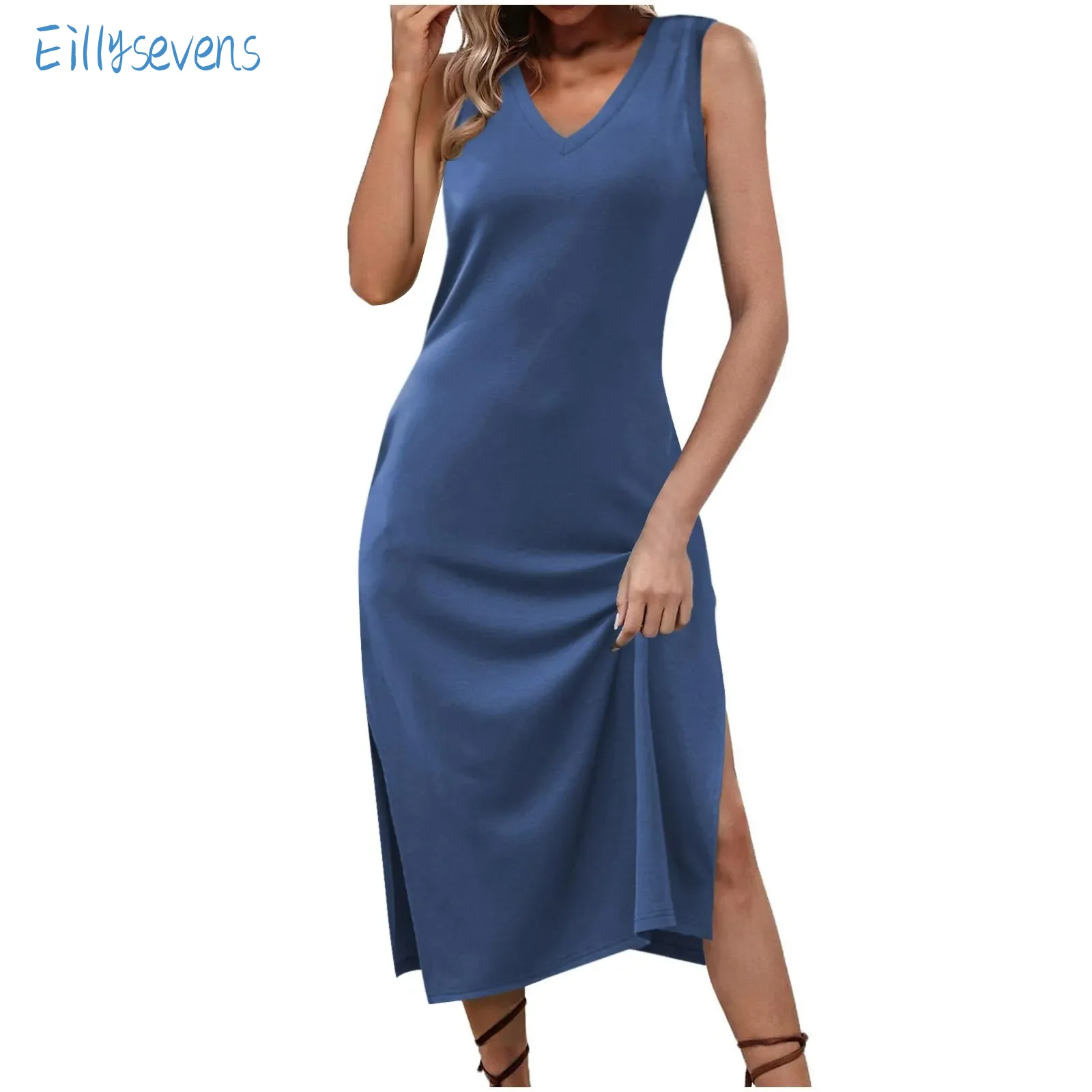 

Summer New Tank Dress Casual Simple Solid Color V Neck Slit Long Dress Women Fashion Loose Comfy Elegant Maxi Vest Dress