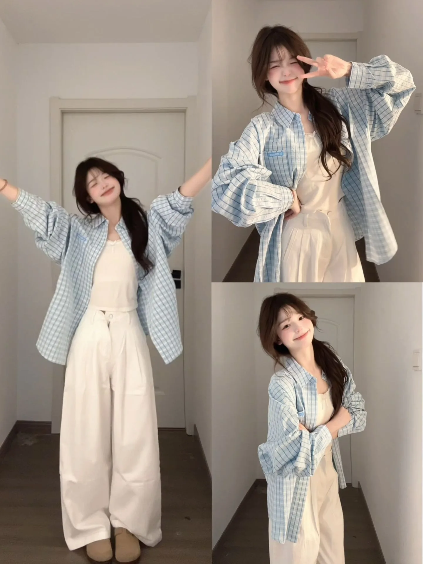 

Blue Plaid Loose Women's irt Jaet Korean Sle Spring Autumn Lazy Feelings Faion Outerwear Button up Long Sve