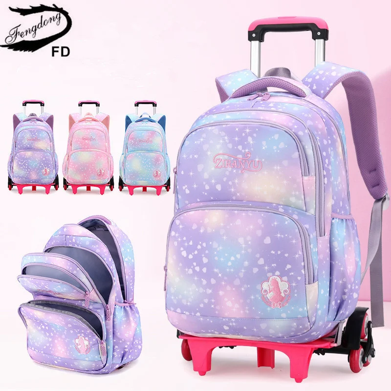 trolley school bag with wheels kids cute pink purple waterproof backpack primary girl removable rolling