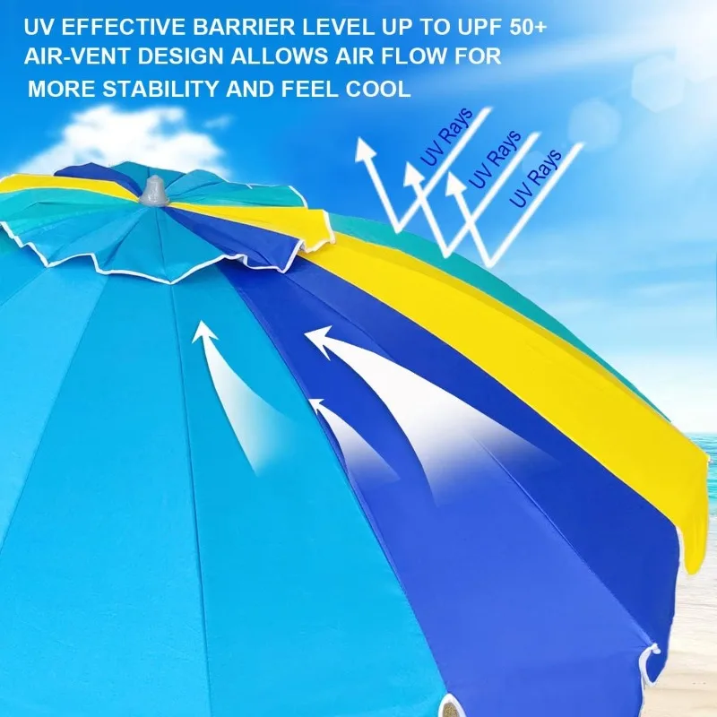 7.5ft Heavy Duty HIGH Wind Beach Umbrella with sand anchor & Tilt Sun Shelter, UV 50+ Protection Outdoor Sunshade Umbrellas