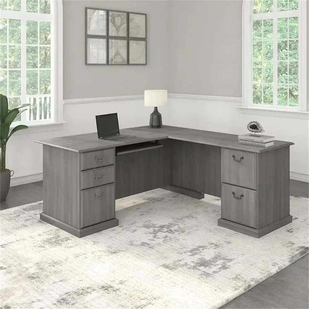 L-Shaped Desk 66W x 72D x 30H, Engineered Wood, Modern Gray Finish, Integrated Storage, Retractable Keyboard Tray, Home Office W