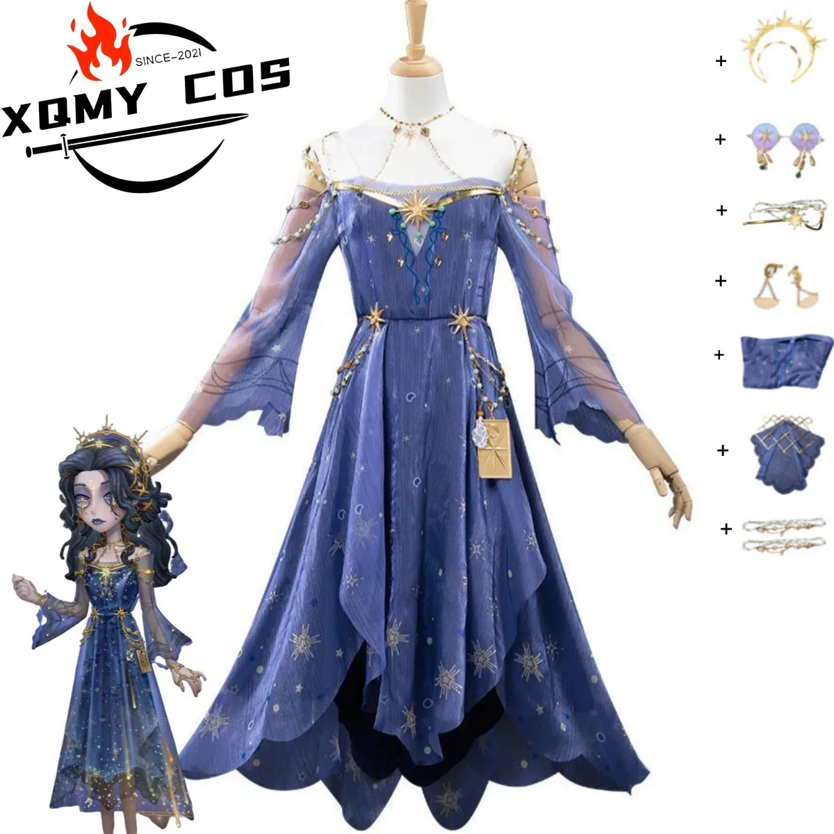 XQGame identité VAda Mesmer psychologue Cosplay Costume violet robe de soirée couronne lunettes femme Sexy carnaval Costume de noël