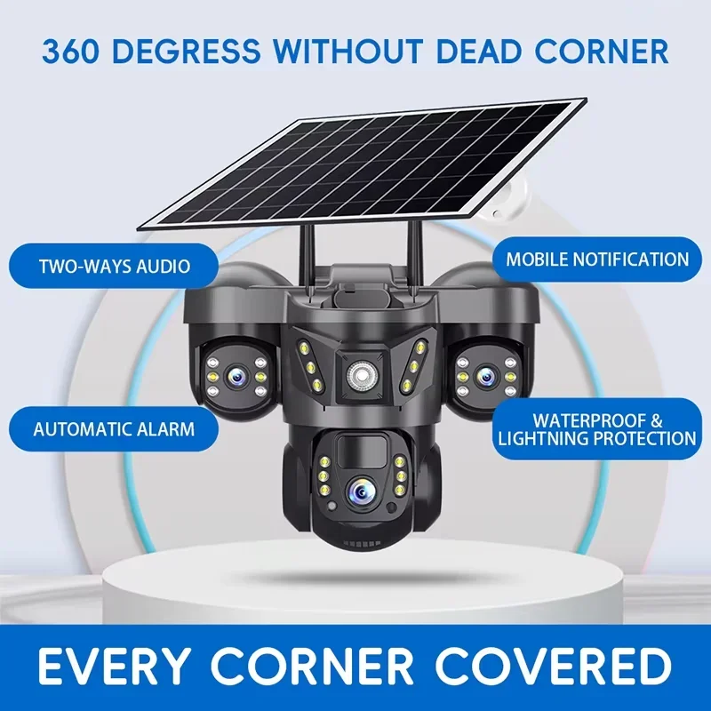 V380 Pro  Wireless WiFi Solar Camera Three Lens Three Screen Human Detection 4G Sim Card Solar CCTV IP Camera