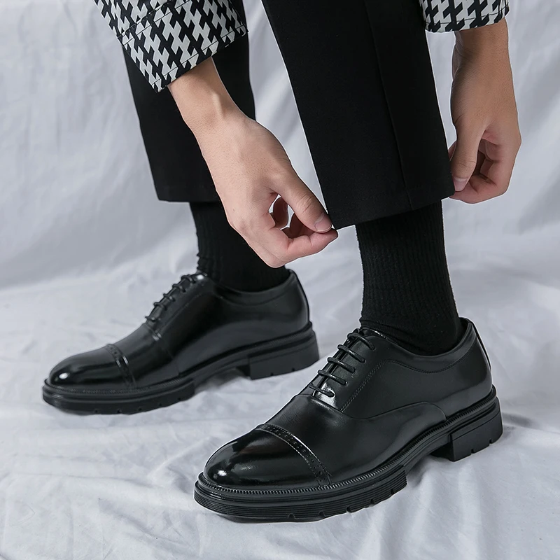 New men's three-link lace-up leather shoes men's thick-soled height-increasing formal business casual leather shoes