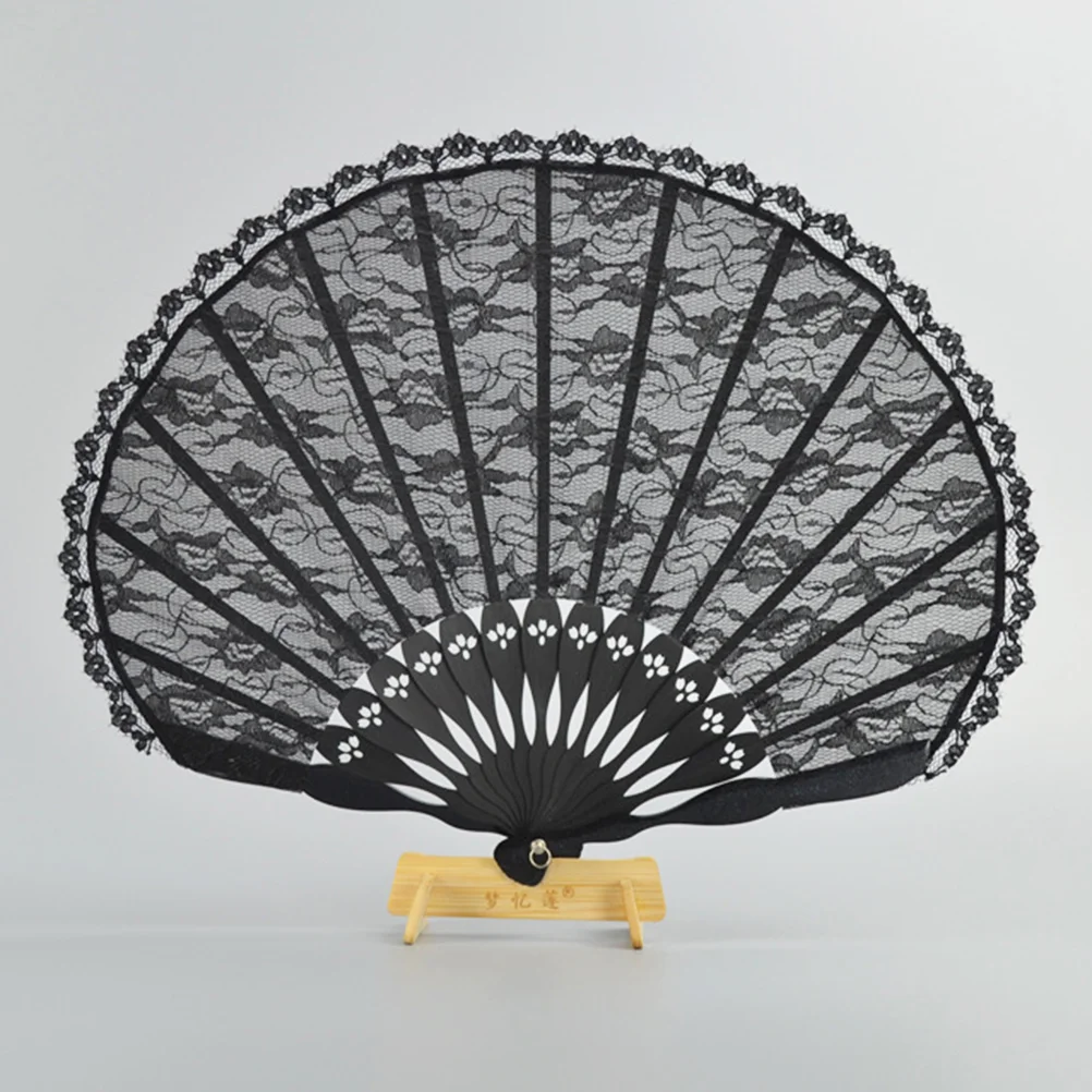 Chinese Style Lace Folding Fan Ancient Silk Fan Black Cheongsam Vintage Hand Fan for Summer Decor