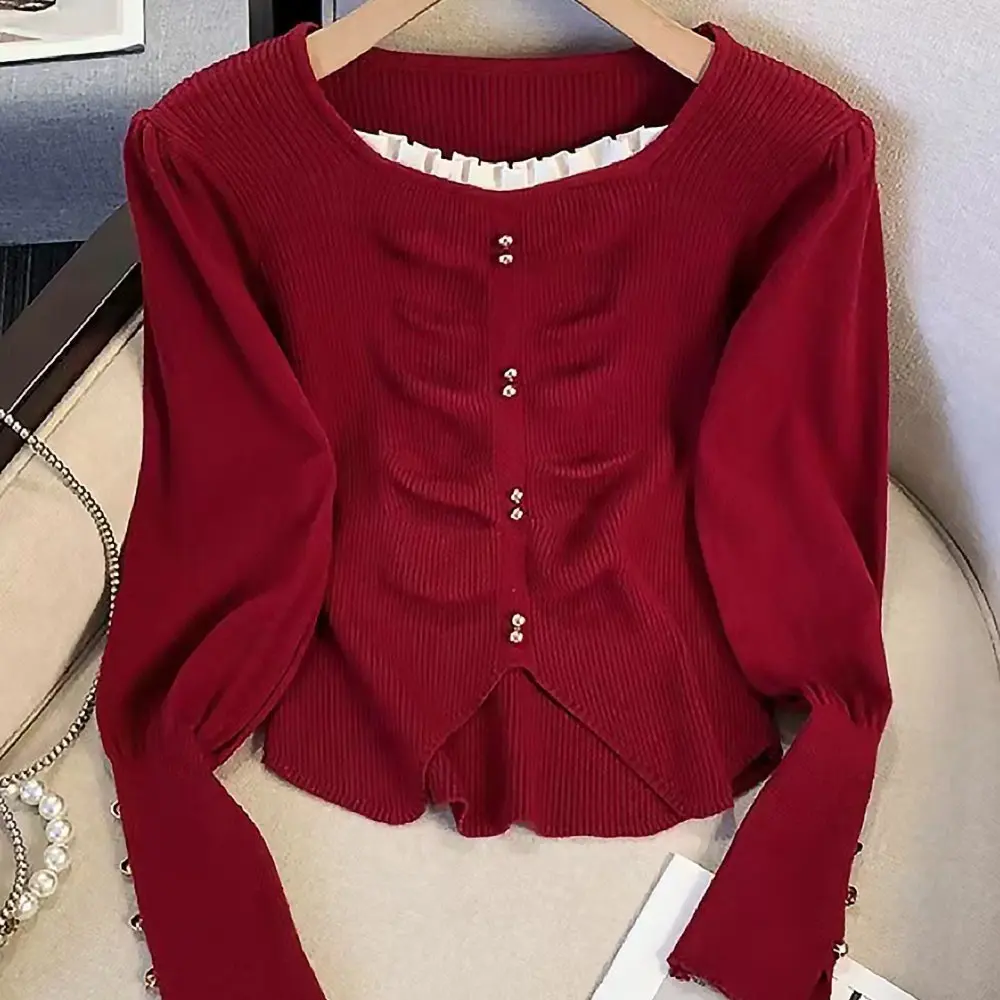 

Свитер с длинными рукавами и круглым вырезом в деловом стиле, облегающий дизайн, прямые рукава-трубы, украшение не требуется