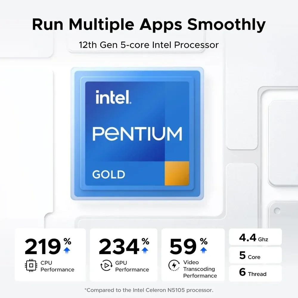 أثاث خارجي- DXP4800 Plus 4-Bay Desktop NAS، Intel Pentium Gold 8505 5-Core CPU، 8GB DDR5 RAM، 128GB SSD، 1x 10GbE، HighQ