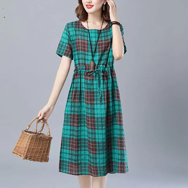 2023 New Vintage Plaid Geometric O-Neck Midi Dress Women's Clothing Casual Summer Short Sleeve Drawstring A-Line Korean Dresses