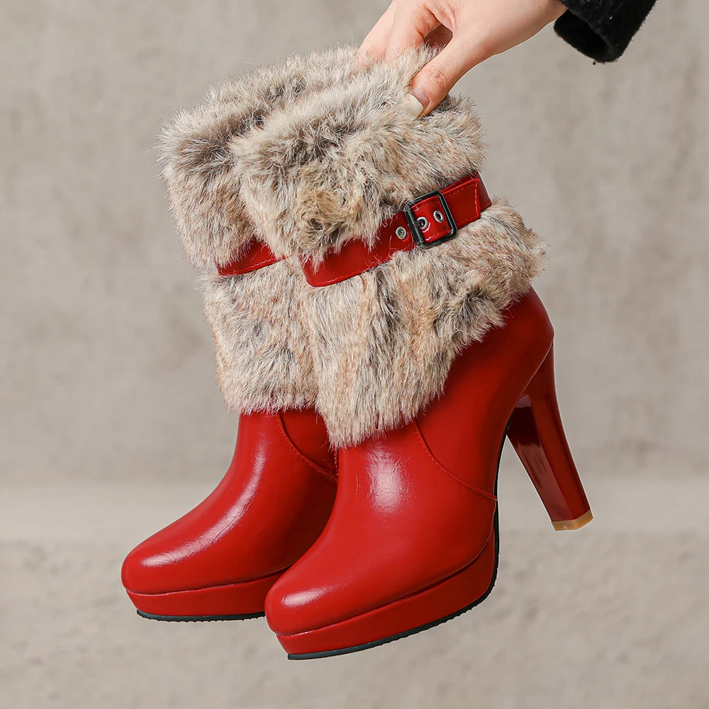 Luxury Style Women Fur Ankle Boots High Heels Platform Motorcycle Boots Zipper Black White Red Booties Shoes Female 32 33