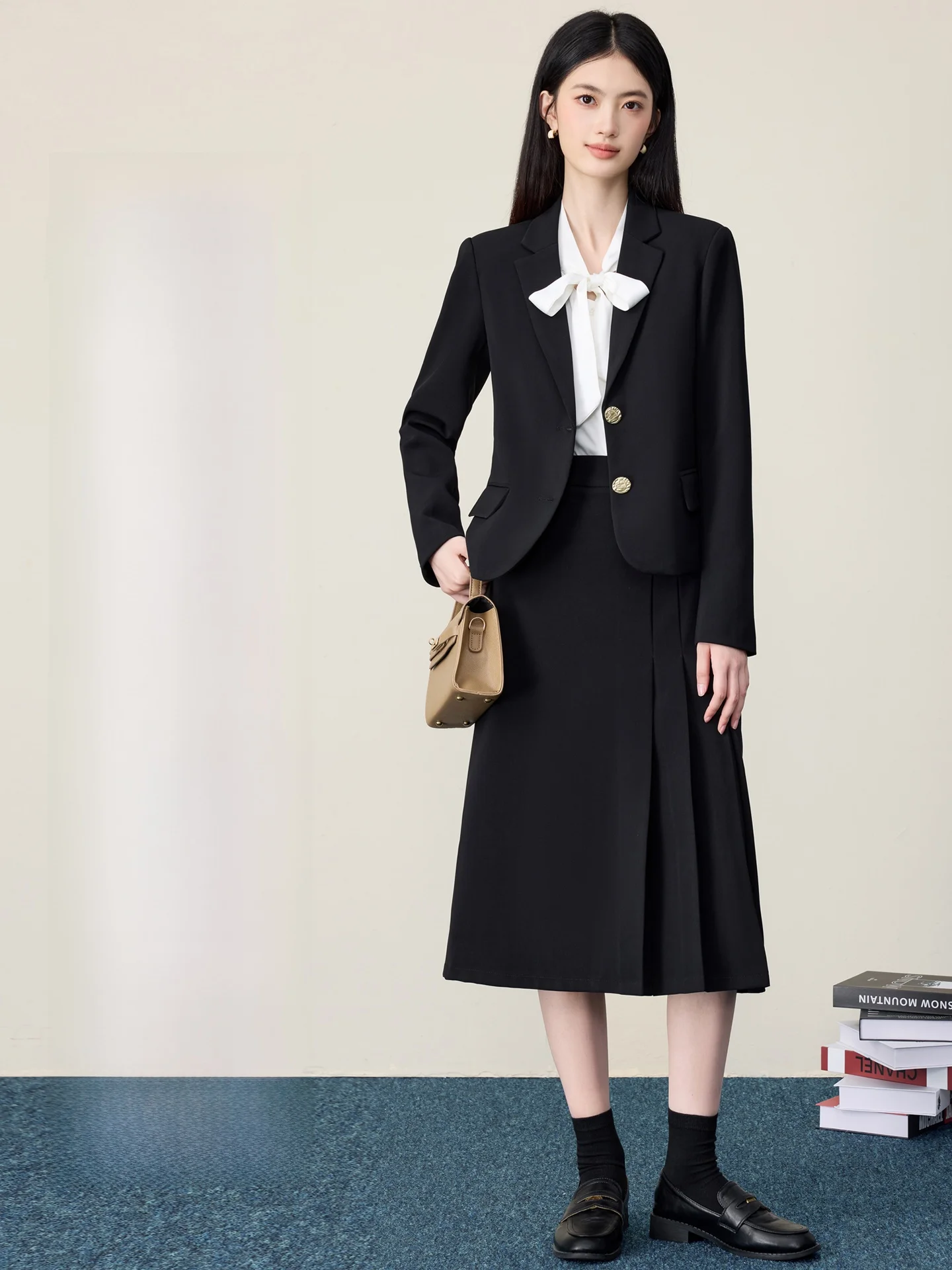 

Женский костюм в студенческом стиле для собеседований, профессиональный комплект для работы, юбка-миди, комплект из двух предметов, с длинным рукавом, из полиэфирного волокна