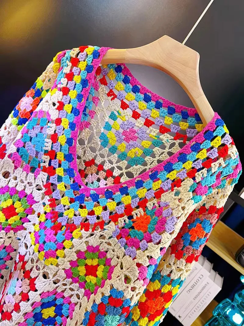 

Handmade Ethnic Style Cotton Thread Hand-hooked Flower Color Knitted Woven Hollow Large Size V-neck Loose Cover-up Shirt