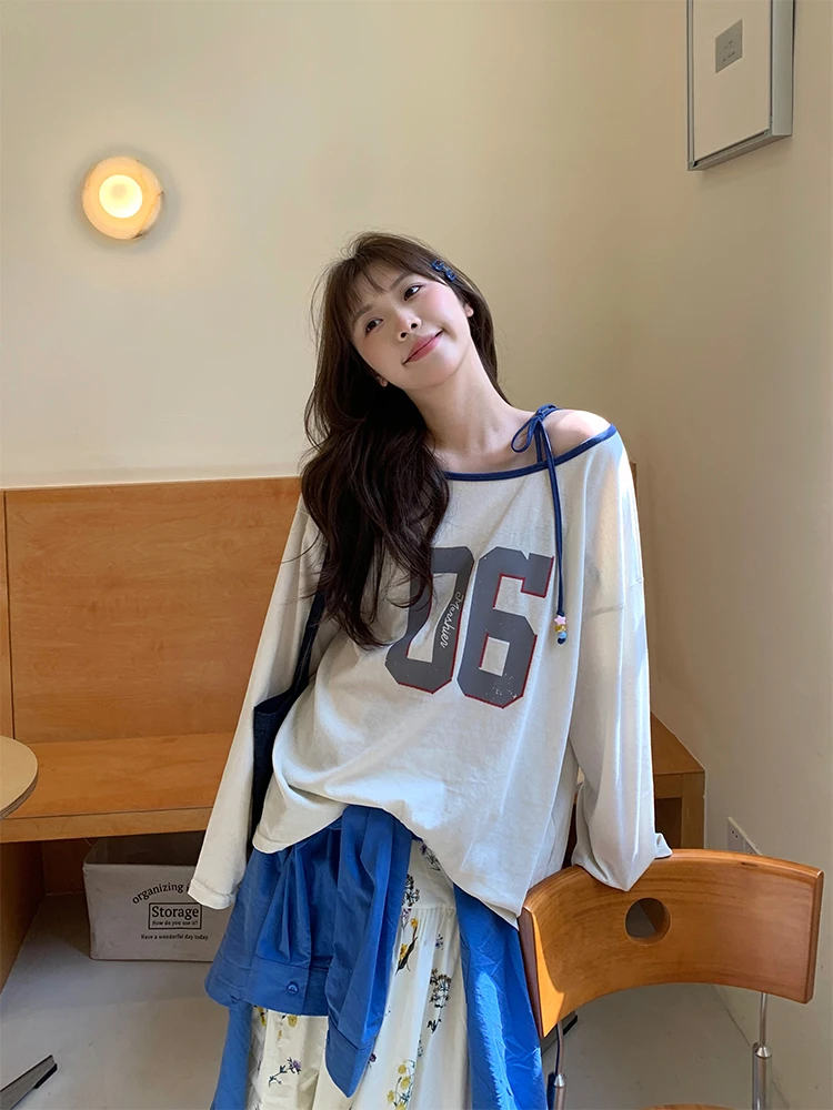 

NIDEBLA Korean Sle Spring Summer Casual Off-oulder Printed Long Sve T-irt Sweet Loose Fit Semi-Transparent Base irt