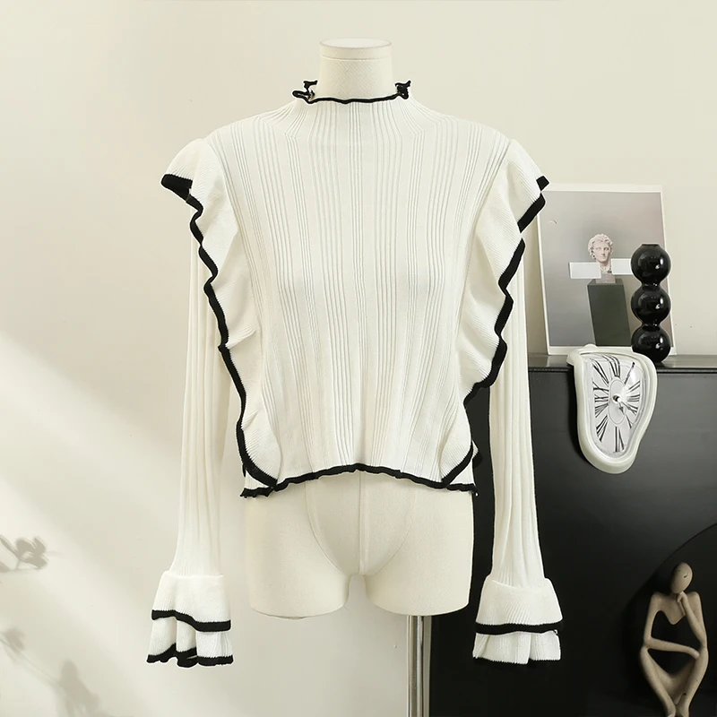 KUSAHIKI Flare Sleeve Half High Collar Long Sleeve Bottoming Sweaters Women Autumn Winter Ruffle Chic Tops Fashion Knitwear