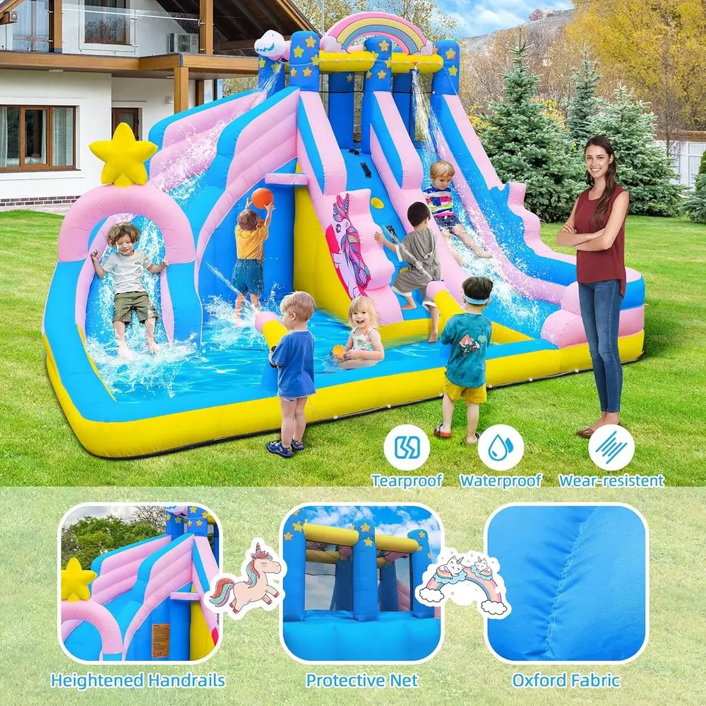 منزلق مائي Iatable: 6 في 1 Bounce House Water Park للأطفال - حوض سباحة للتسلق على الحائط 2 مدفع مائي 2 حافة كرة السلة -