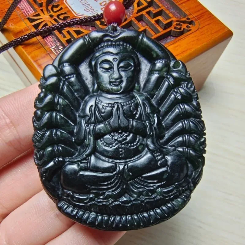 Pure Natural Medicine King Stone Thousand Hands Guanyin Pendant Dark Green Jade Buddha Necklace