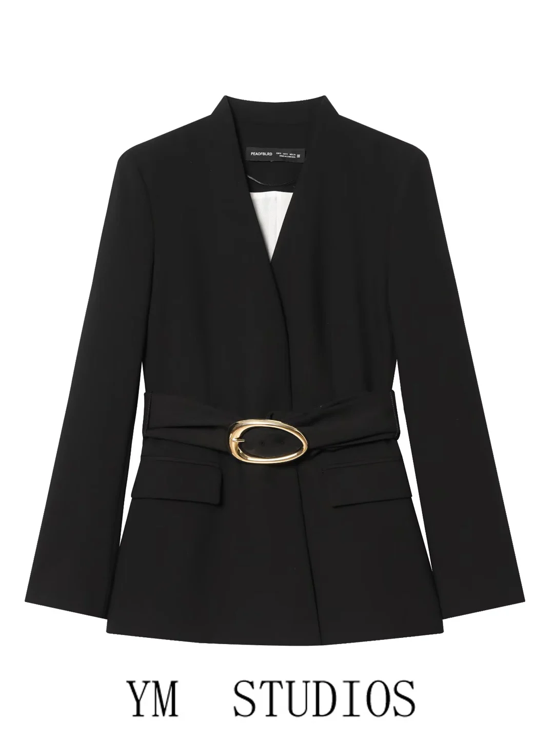 Elegant Black V-Neck Women's Suit Jacket with Waist-Cinching Buckle Fashionable European Style Long Sleeve Formal Outerwear