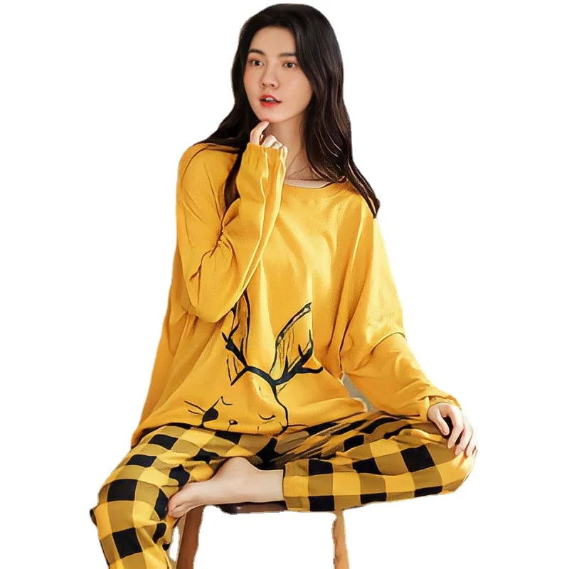 Women\'s Spring and Fall Pajamas Long-Sleeved Polyester Suit Kawaii Homewear Loose Sweet Girl Gift Floral O-Neck Cute Loungewear