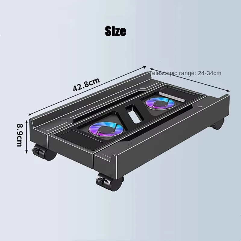 Supporto per torre per PC mobile Supporto per computer host per PC regolabile Supporto da tavolo telescopico Carrello per CPU con ventola di raffreddamento RGB Dissipazione del calore