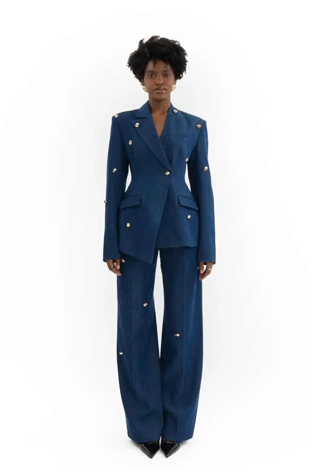 Elegant Ladies 2‑Piece Outfit Notched Lapel Gold Stud Double Breasted Blazer Wide‑Leg Trousers Business Party Suit Customized