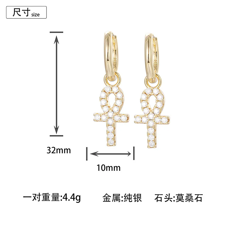 Moissanite S925 Sterling Silver Ankh Cross Drop Earring for Men Women Luxury Earrings Hip Hop Bling Ice Out Rapper Jewelry