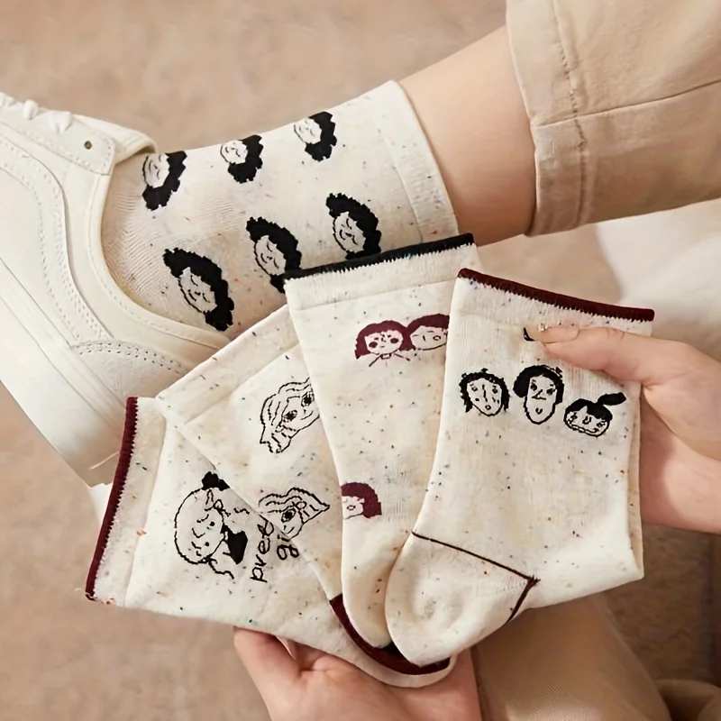 5 Pairs Mixed Color Autumn Winter Cartoon Character Mid-Calf Socks for Women Cute Little Head Image College Style Ladies Socks